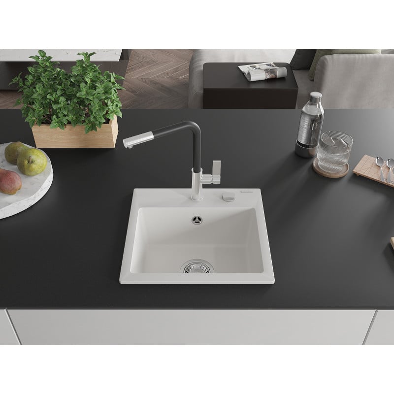 Mexen Milo évier en granit 1 bac avec robinet de cuisine Flora, blanc - 6505-20-670401-07