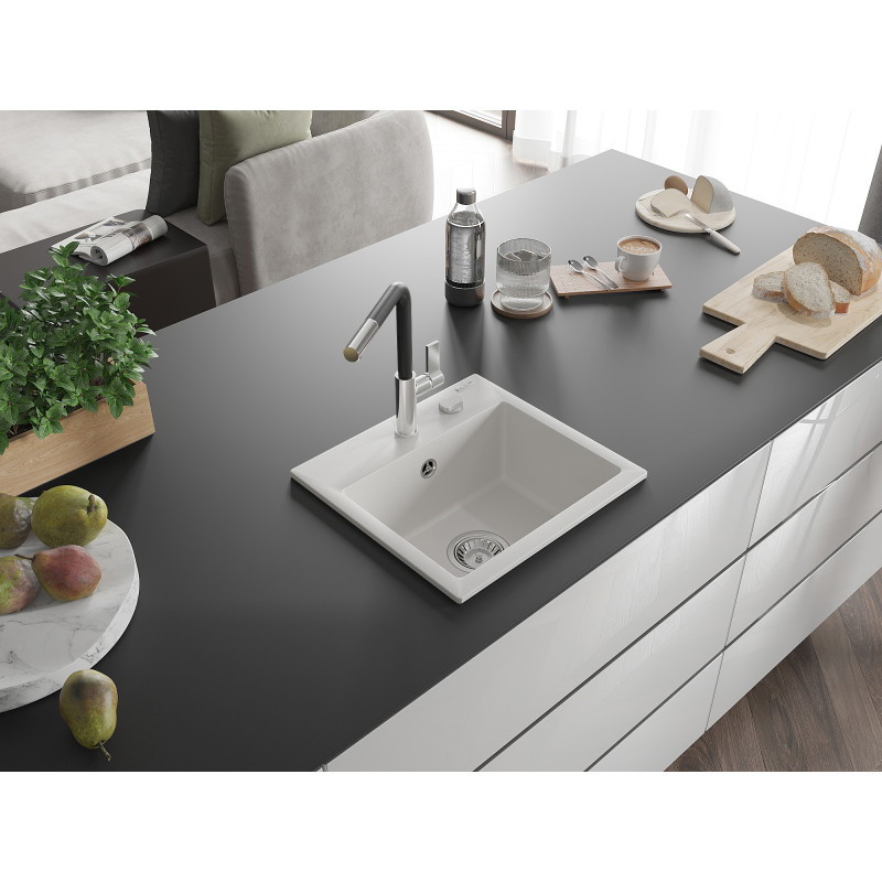 Mexen Milo évier en granit 1 bac avec robinet de cuisine Flora, blanc - 6505-20-670401-07