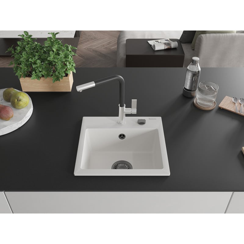 Mexen Milo évier en granit 1 bac avec robinet de cuisine Flora, blanc - 6505-20-670401-07-B