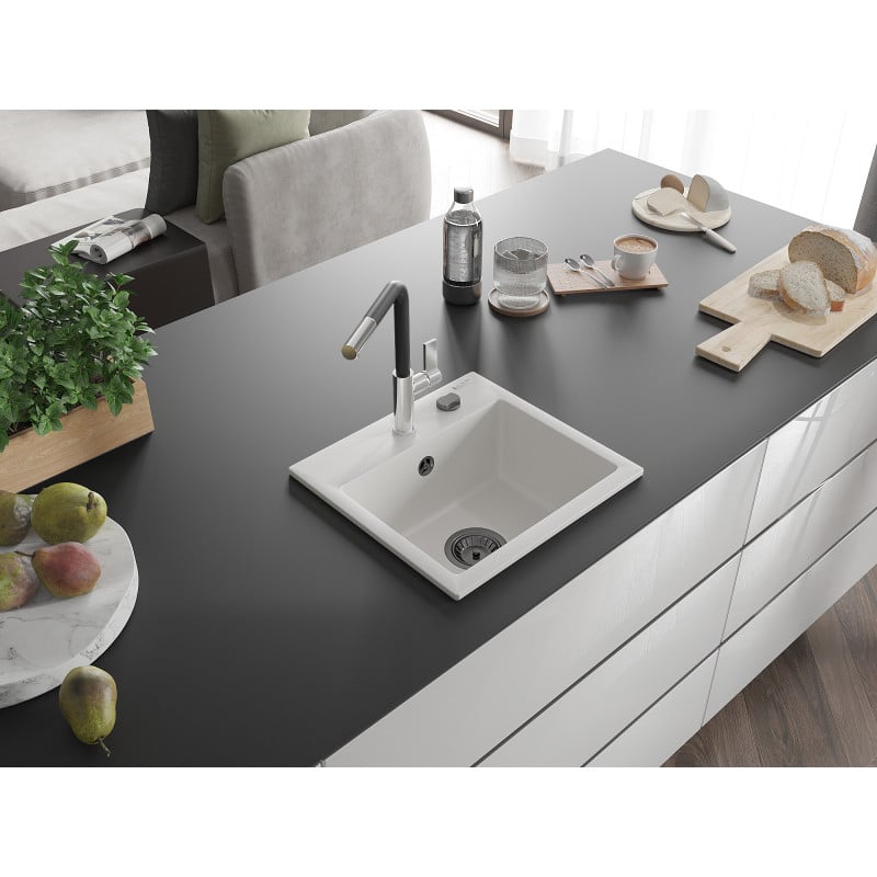 Mexen Milo évier en granit 1 bac avec robinet de cuisine Flora, blanc - 6505-20-670401-07-B