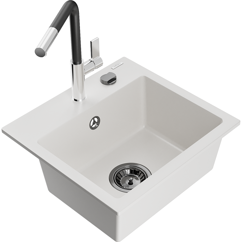 Mexen Milo évier en granit 1 bac avec robinet de cuisine Flora, blanc - 6505-20-670401-07-B