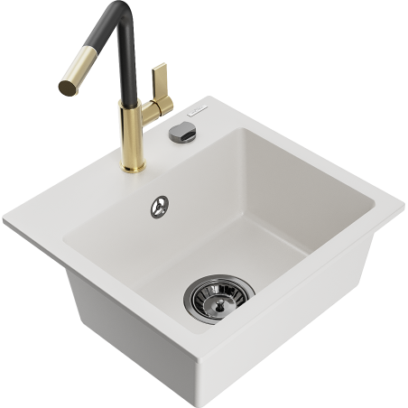 Mexen Milo évier en granit 1 bac avec robinet de cuisine Flora, blanc - 6505-20-670401-57-B