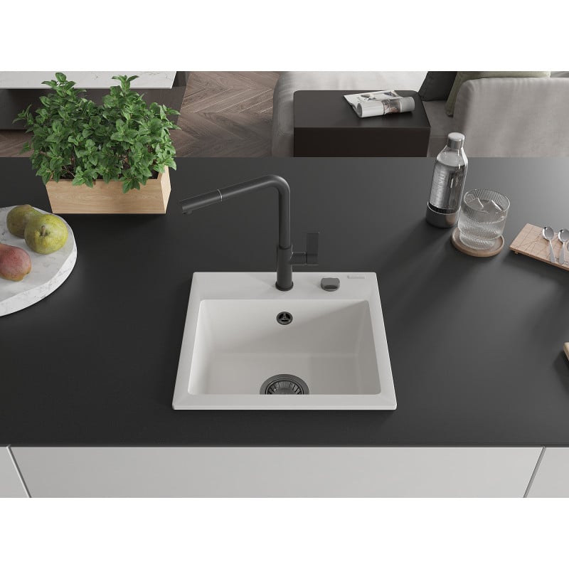 Mexen Milo évier en granit 1 bac avec robinet de cuisine Flora, blanc - 6505-20-670401-70-B