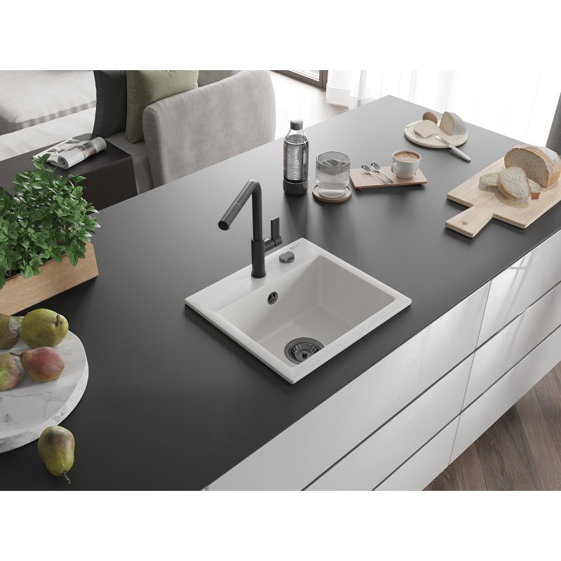 Mexen Milo évier en granit 1 bac avec robinet de cuisine Flora, blanc - 6505-20-670401-70-B