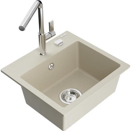 Mexen Milo évier en granit 1 bac avec robinet de cuisine Flora, beige - 6505-69-670401-00
