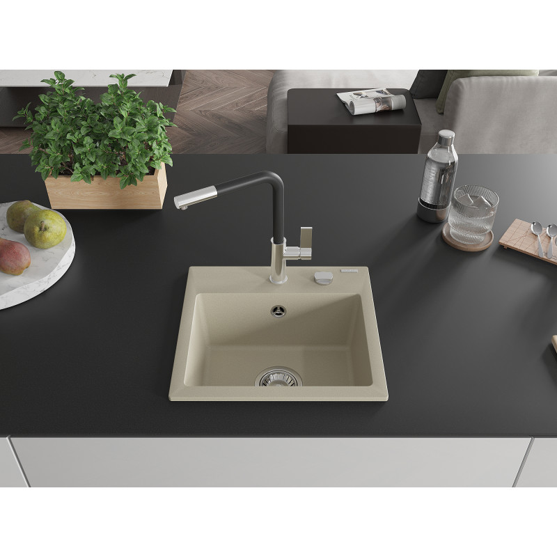 Mexen Milo évier en granit 1 bac avec robinet de cuisine Flora, beige - 6505-69-670401-07
