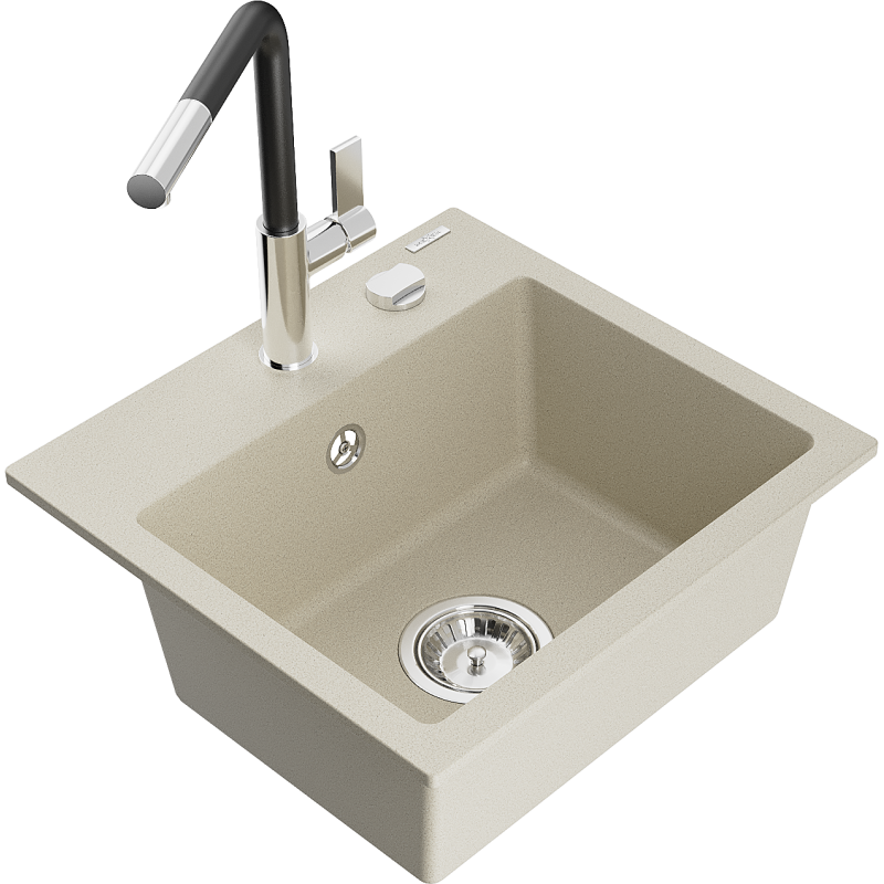Mexen Milo évier en granit 1 bac avec robinet de cuisine Flora, beige - 6505-69-670401-07