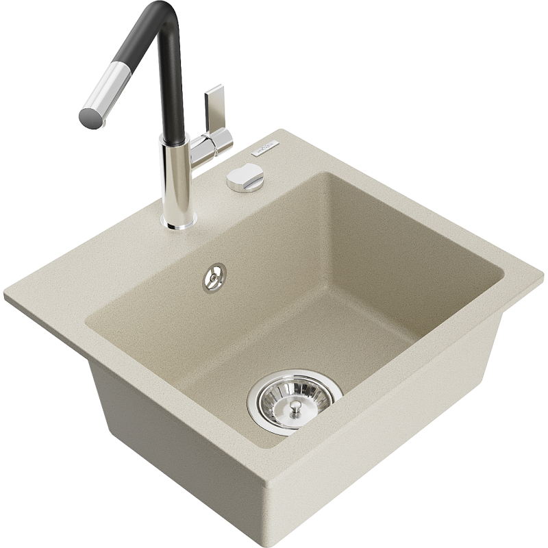 Mexen Milo évier en granit à 1 cuve avec robinet mélangeur Flora, Beige - 6505-69-670401-07