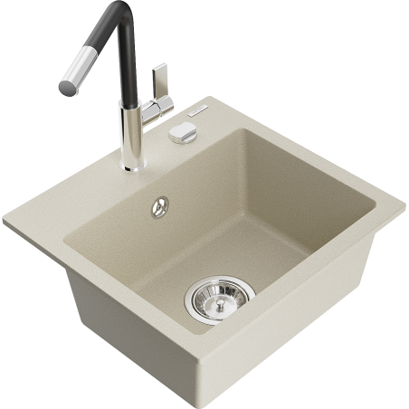 Mexen Milo évier en granit 1 bac avec robinet de cuisine Flora, beige - 6505-69-670401-07