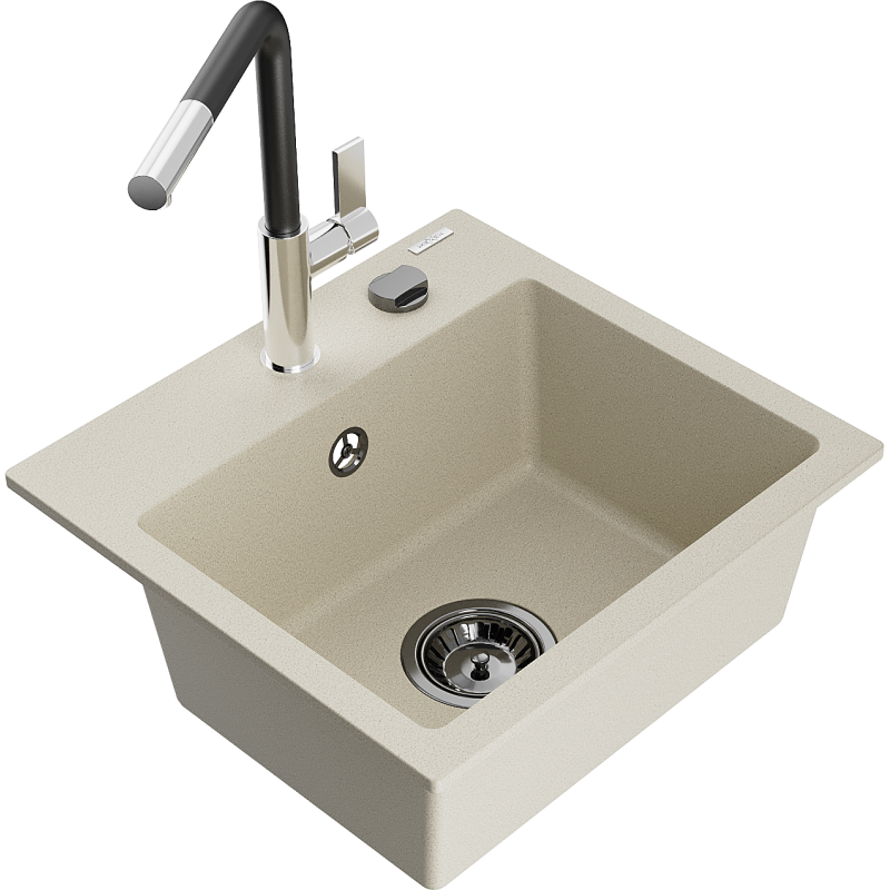 Mexen Milo évier en granit 1 bac avec robinet de cuisine Flora, beige - 6505-69-670401-07-B