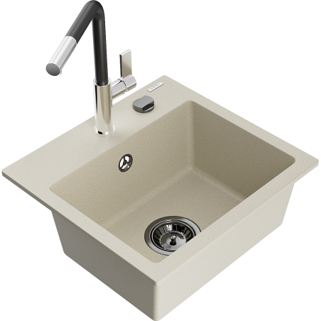 Mexen Milo évier en granit 1 bac avec robinet de cuisine Flora, beige - 6505-69-670401-07-B