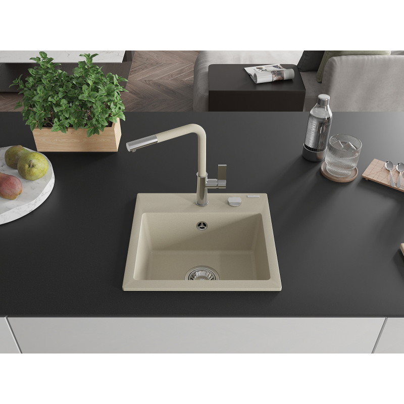Mexen Milo Évier de cuisine en granit 1 bac avec mitigeur Flora, beige - 6505-69-670401-09
