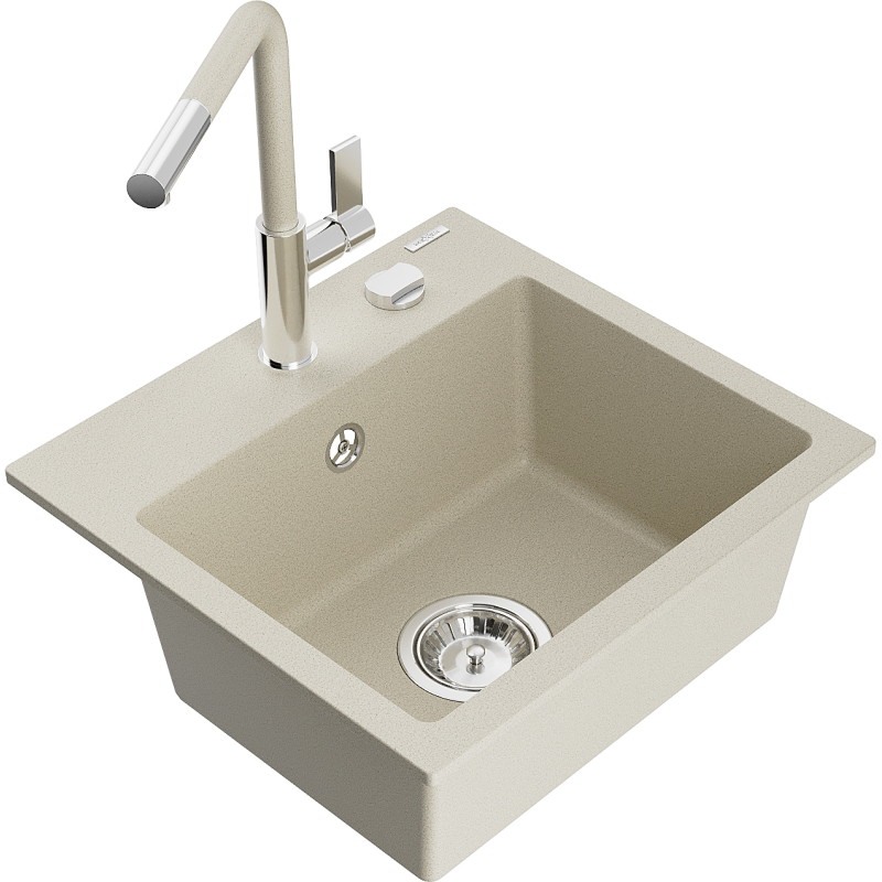Mexen Milo Évier de cuisine en granit 1 bac avec mitigeur Flora, beige - 6505-69-670401-09