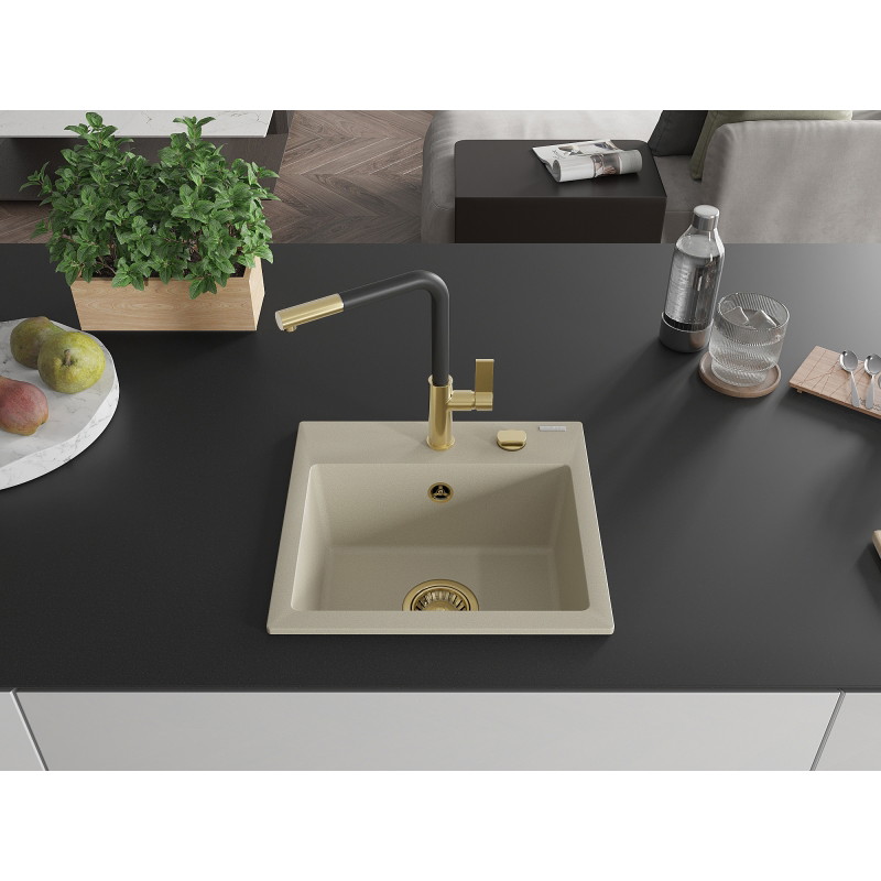 Mexen Milo évier de cuisine en granit 1 bac avec robinet Flora, beige - 6505-69-670401-57-G