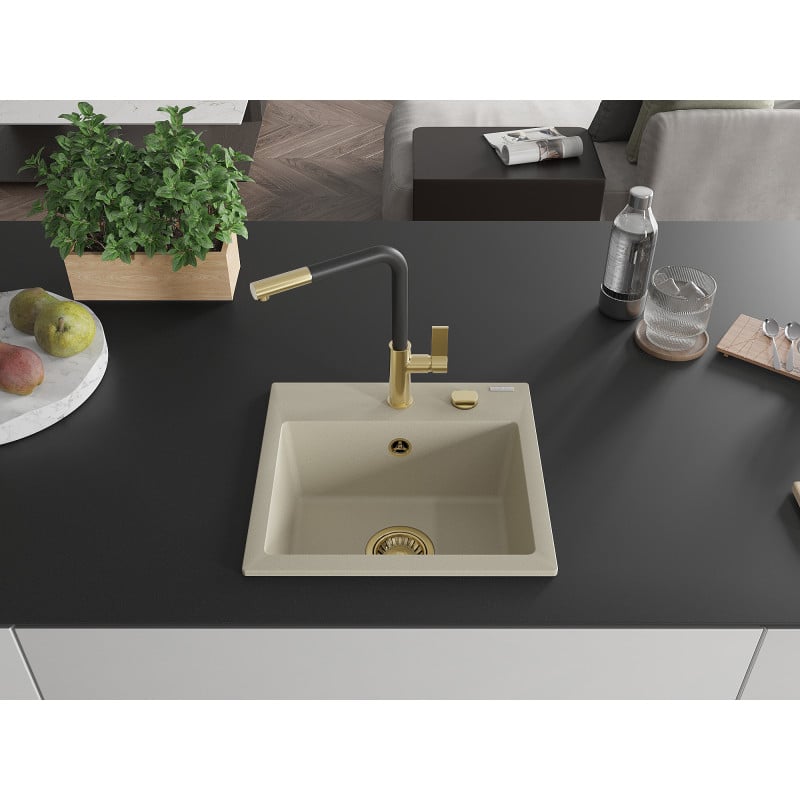 Mexen Milo évier en granit 1 bac avec mitigeur de cuisine Flora, beige - 6505-69-670401-57-G