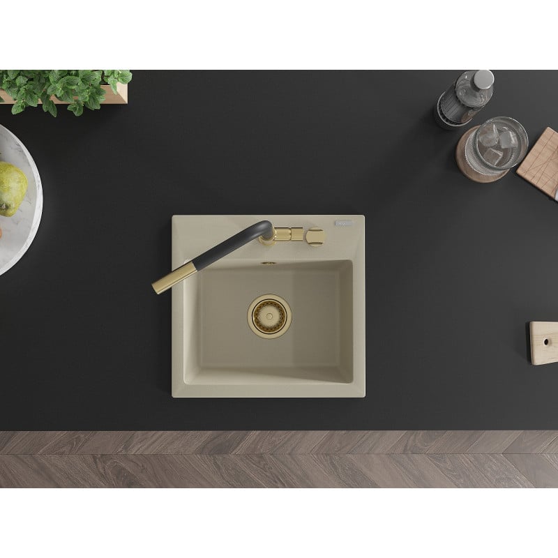 Mexen Milo évier en granit 1 bac avec mitigeur de cuisine Flora, beige - 6505-69-670401-57-G