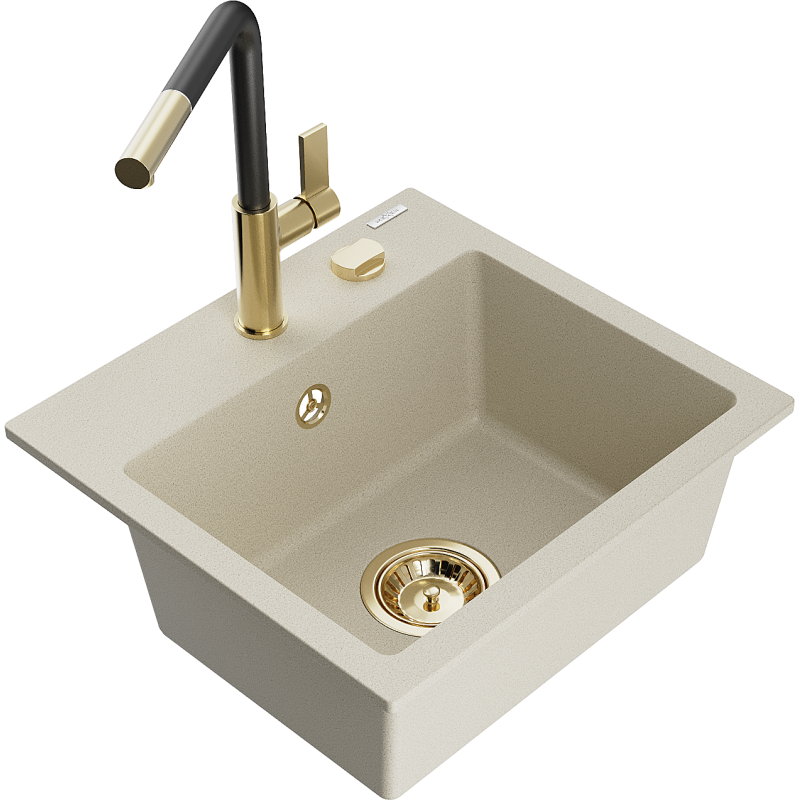Mexen Milo évier en granit 1 bac avec mitigeur de cuisine Flora, beige - 6505-69-670401-57-G