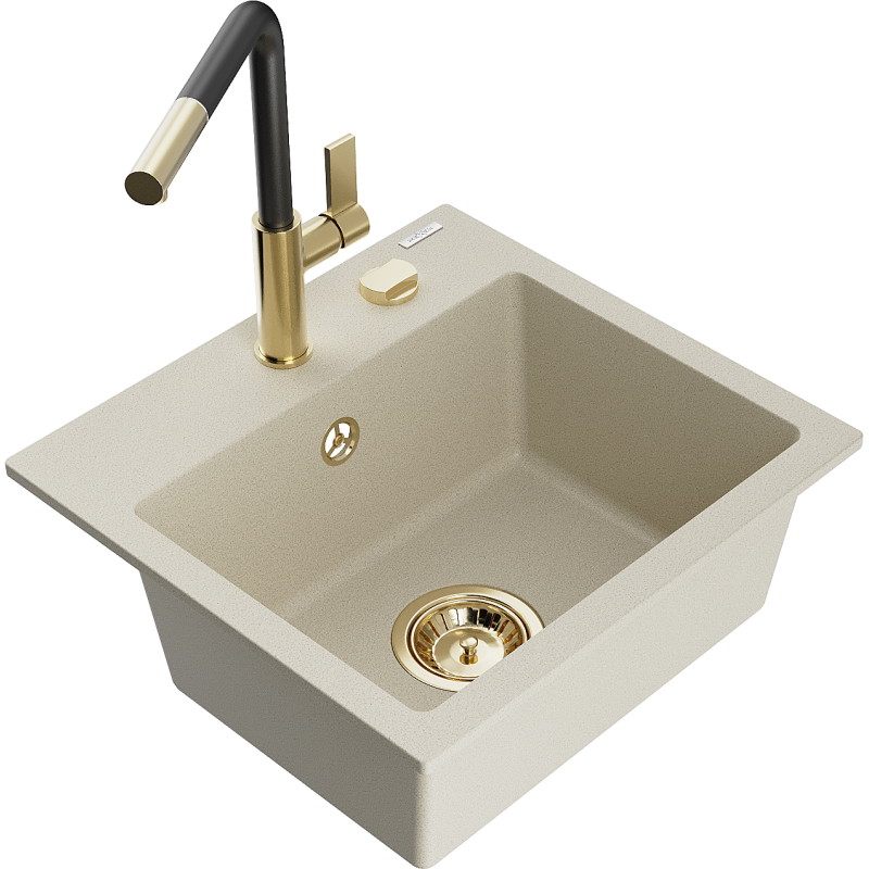 Mexen Milo évier en granit 1 bac avec robinet de cuisine Flora, beige - 6505-69-670401-57-G