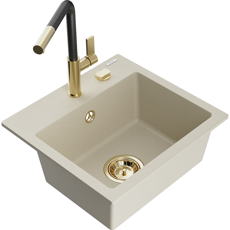 Mexen Milo évier en granit à 1 cuve avec robinet mélangeur Flora, Beige - 6505-69-670401-57-G
