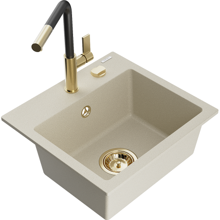 Mexen Milo évier en granit 1 bac avec mitigeur de cuisine Flora, beige - 6505-69-670401-57-G