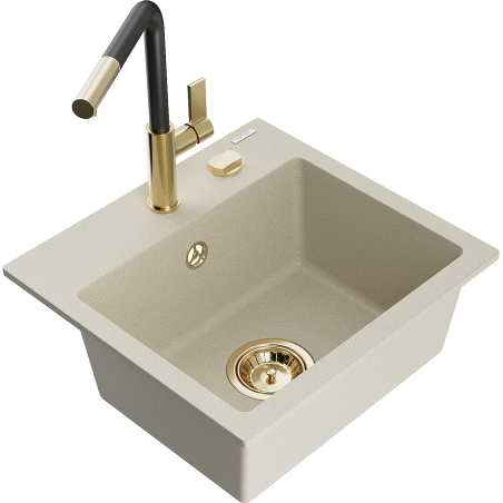 Mexen Milo évier en granit à 1 cuve avec robinet mélangeur Flora, Beige - 6505-69-670401-57-G