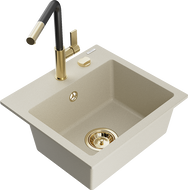 Mexen Milo évier en granit 1 bac avec robinet de cuisine Flora, beige - 6505-69-670401-57-G