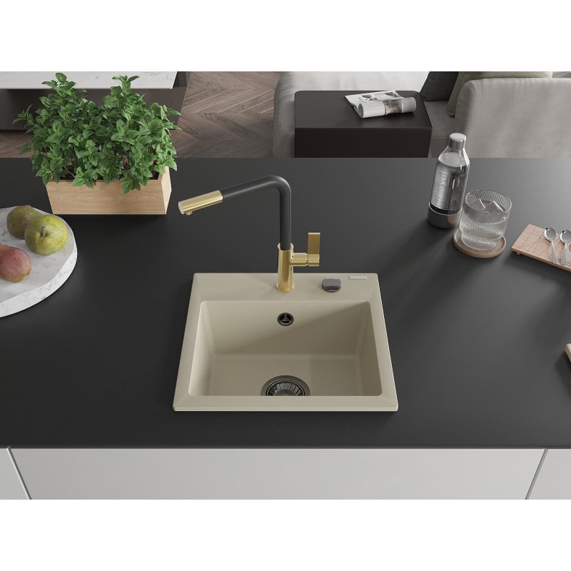 Mexen Milo évier en granit 1 bac avec robinet de cuisine Flora, beige - 6505-69-670401-57-B