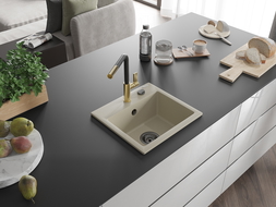 Mexen Milo évier en granit à 1 cuve avec robinet mélangeur Flora, Beige - 6505-69-670401-57-B