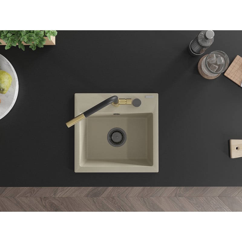 Mexen Milo évier en granit 1 bac avec robinet de cuisine Flora, beige - 6505-69-670401-57-B