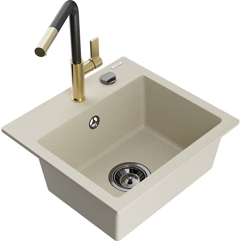 Mexen Milo évier en granit à 1 cuve avec robinet mélangeur Flora, Beige - 6505-69-670401-57-B
