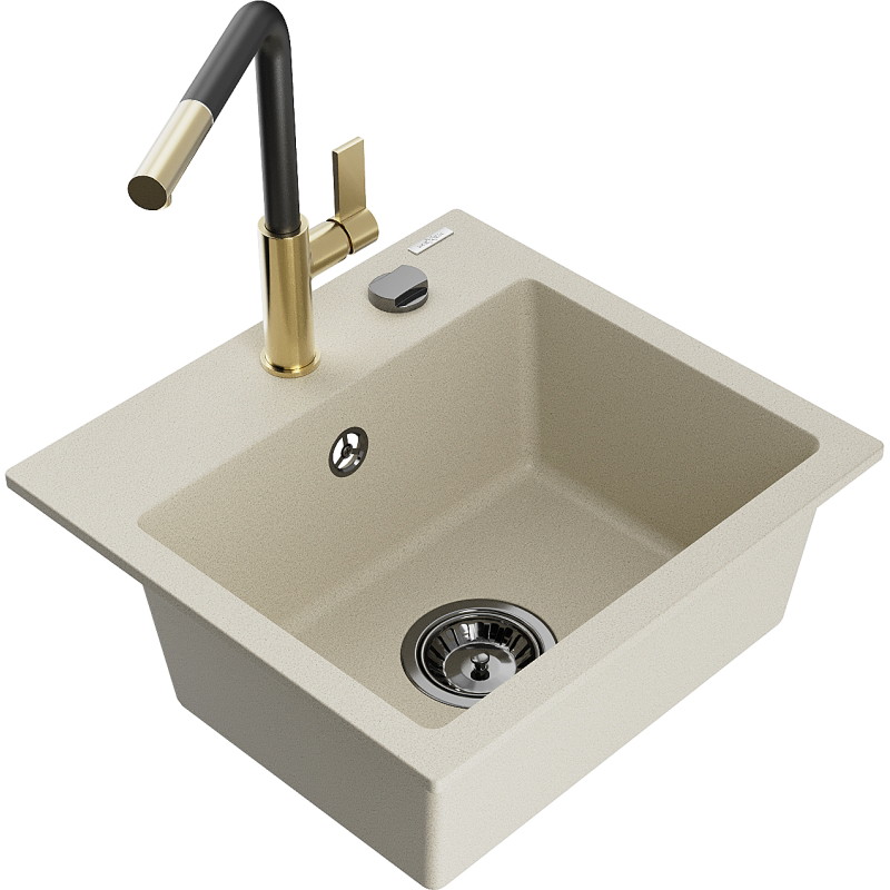 Mexen Milo évier granitique simple avec robinet de cuisine Flora, beige - 6505-69-670401-57-B