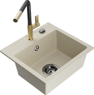 Mexen Milo évier en granit 1 bac avec robinet de cuisine Flora, beige - 6505-69-670401-57-B
