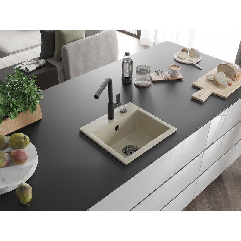 Mexen Milo évier en granit 1 bac avec robinet de cuisine Flora, beige - 6505-69-670401-70-B
