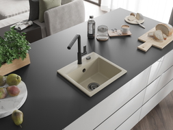 Mexen Milo évier en granit 1 bac avec mitigeur de cuisine Flora, beige - 6505-69-670401-70-B