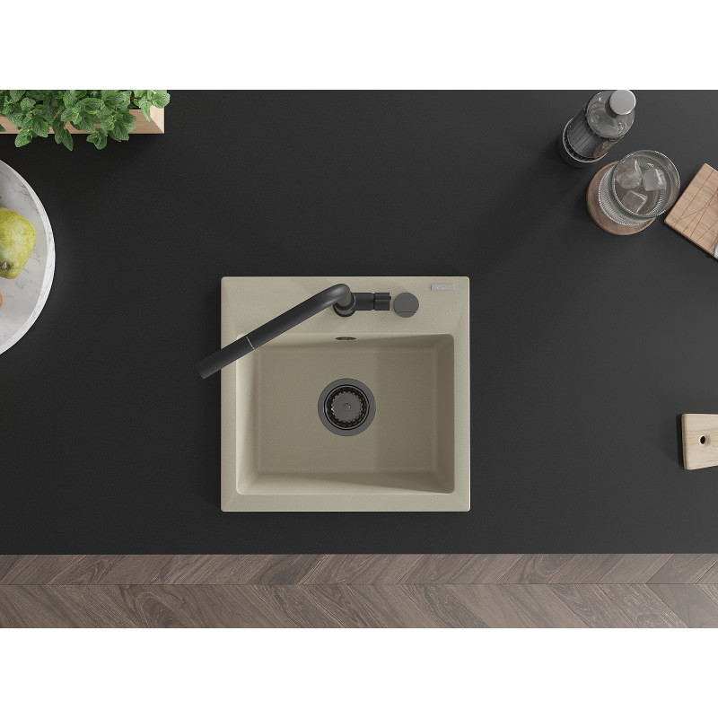 Mexen Milo évier en granit 1 bac avec robinet de cuisine Flora, beige - 6505-69-670401-70-B