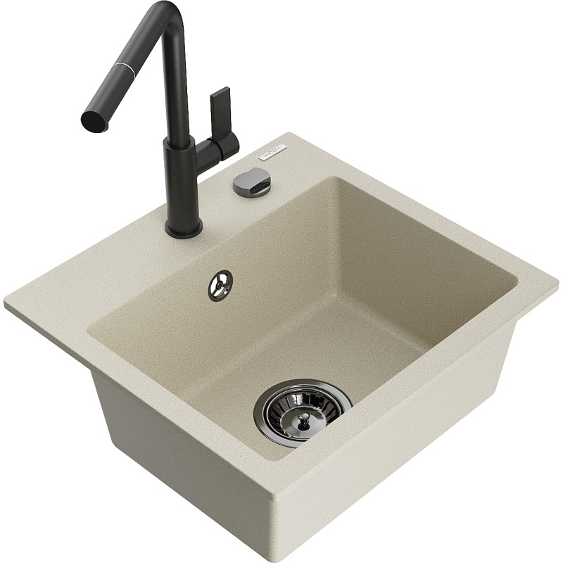 Mexen Milo évier en granit 1 bac avec mitigeur de cuisine Flora, beige - 6505-69-670401-70-B