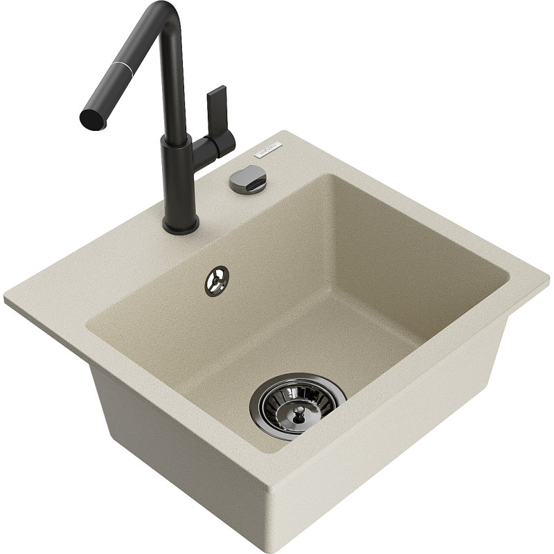 Mexen Milo évier en granit 1 bac avec robinet de cuisine Flora, beige - 6505-69-670401-70-B