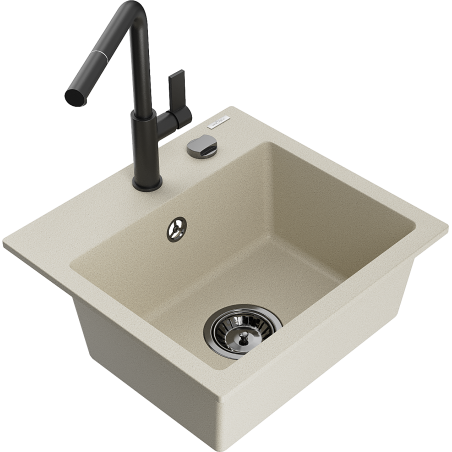 Mexen Milo évier en granit 1 bac avec robinet de cuisine Flora, beige - 6505-69-670401-70-B