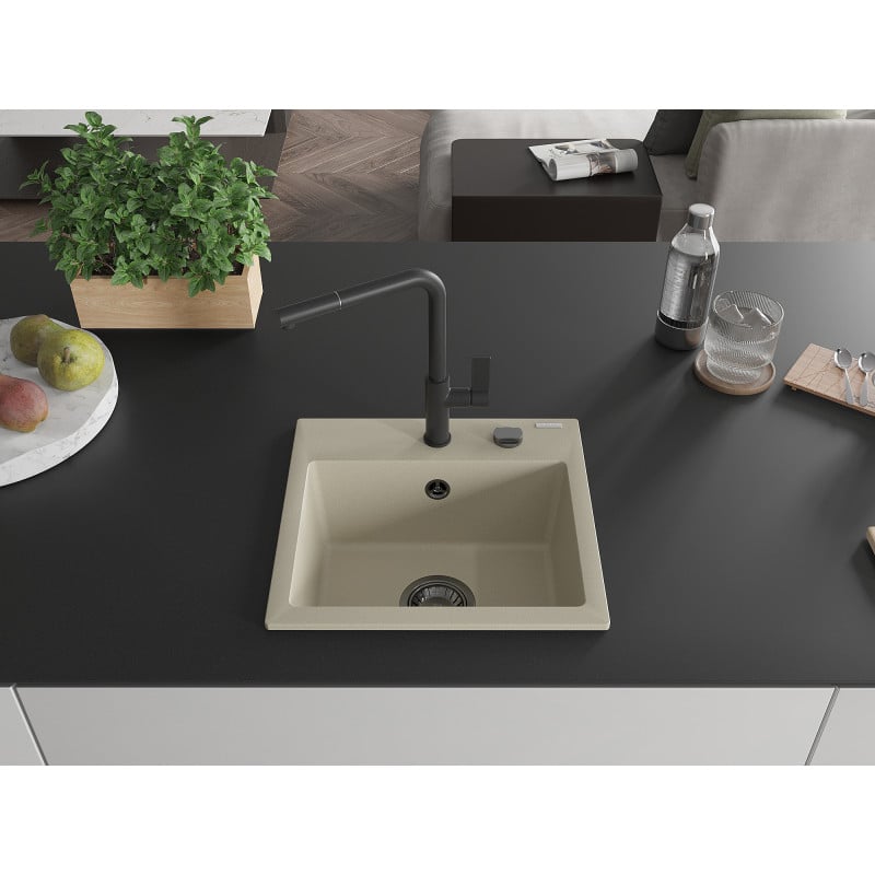 Mexen Milo évier en granit 1 bac avec robinet de cuisine Flora, beige - 6505-69-670401-70-B