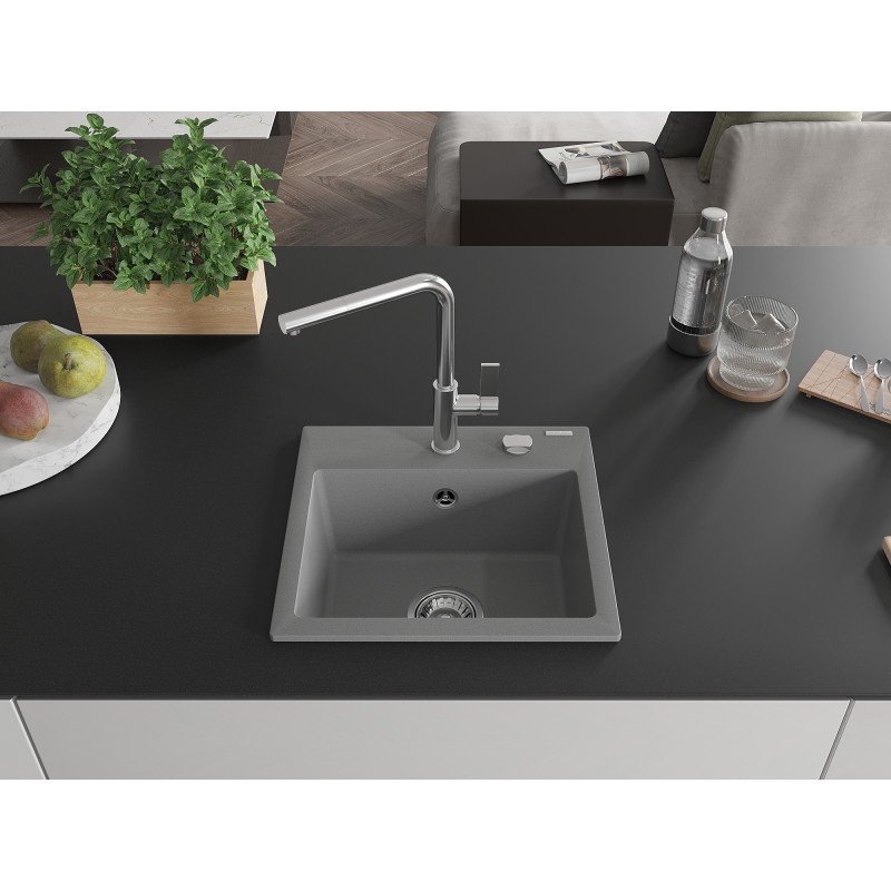 Mexen Milo évier de cuisine en granit 1 bac avec robinet Flora, gris - 6505-71-670401-00