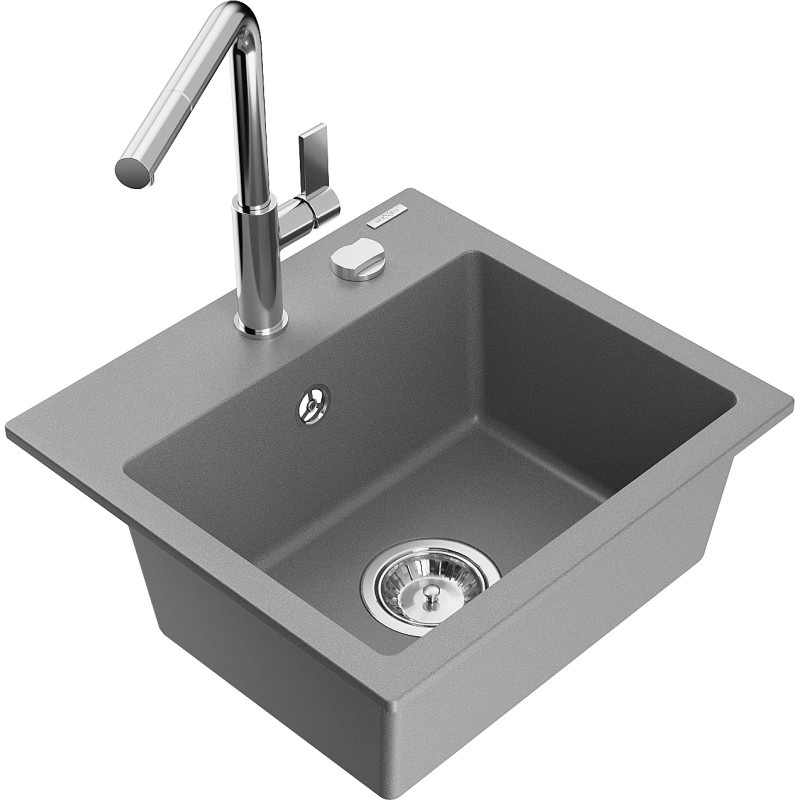 Mexen Milo évier en granit 1 bac avec robinet de cuisine Flora, gris - 6505-71-670401-00