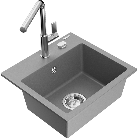 Mexen Milo évier en granit 1 bac avec robinet de cuisine Flora, gris - 6505-71-670401-00