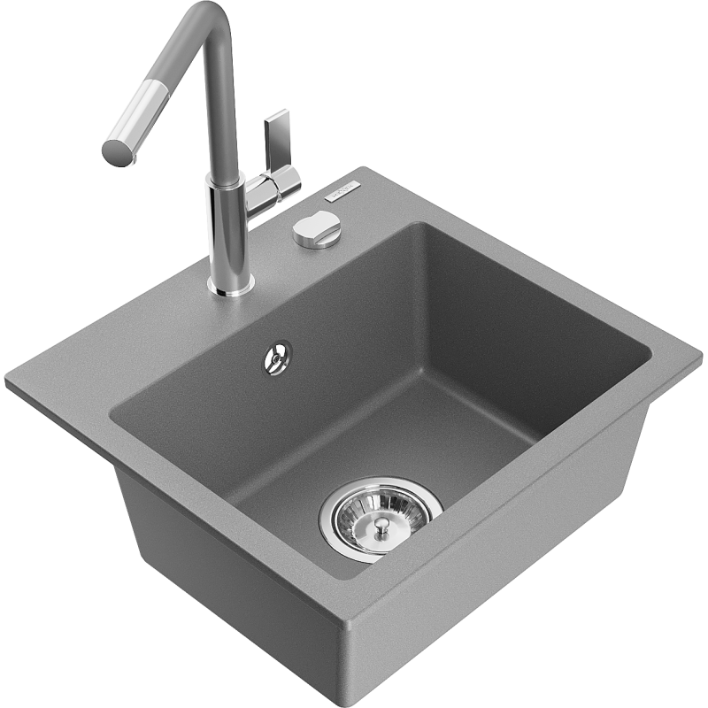 Mexen Milo évier en granit 1 bac avec robinet de cuisine Flora, gris - 6505-71-670401-06