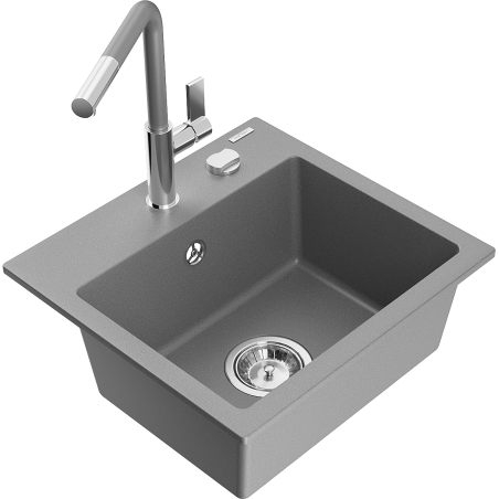 Mexen Milo évier en granit 1 bac avec robinet de cuisine Flora, gris - 6505-71-670401-06