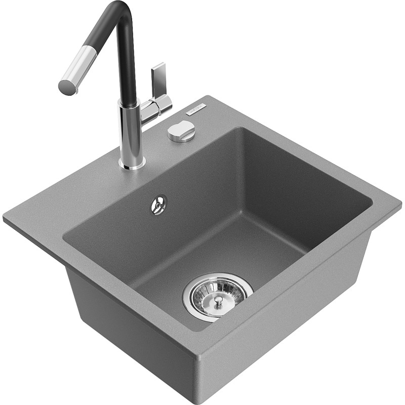 Mexen Milo évier en granit 1 bac avec robinet de cuisine Flora, gris - 6505-71-670401-07