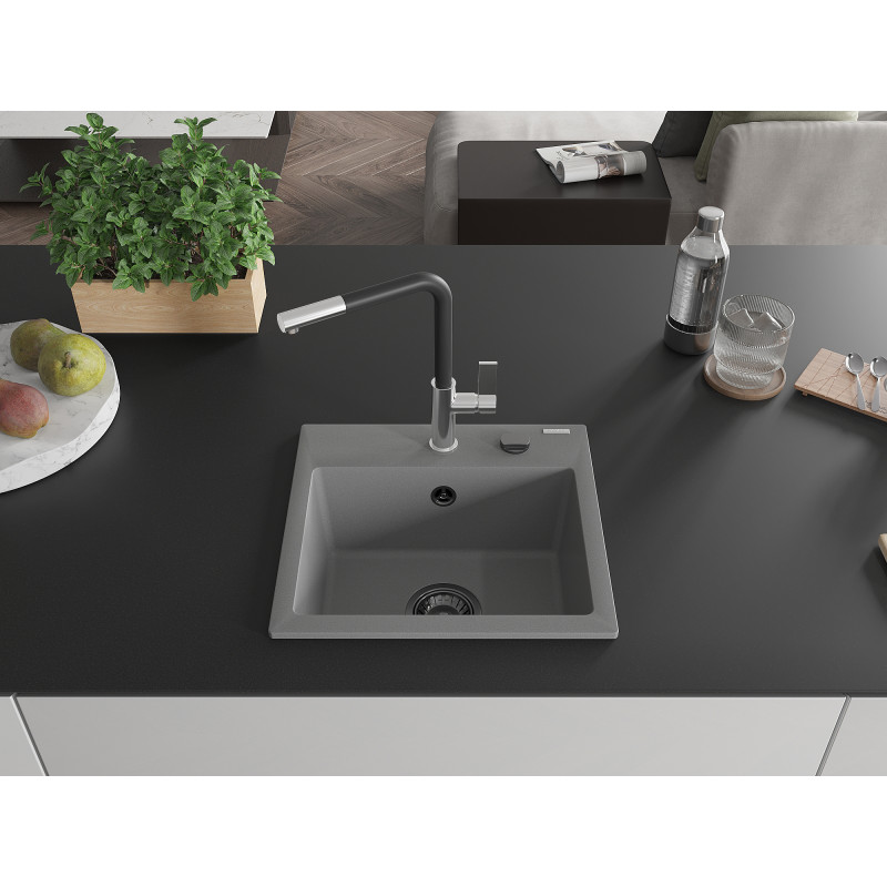 Mexen Milo évier en granit 1 bac avec robinet de cuisine Flora, gris - 6505-71-670401-07-B