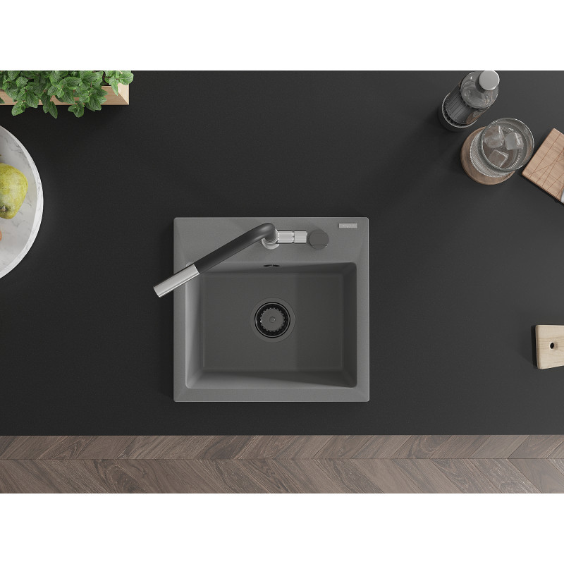 Mexen Milo évier en granit 1 bac avec robinet de cuisine Flora, gris - 6505-71-670401-07-B