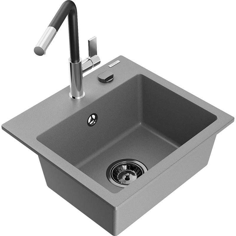 Mexen Milo évier en granit à 1 bac avec robinet de cuisine Flora, gris - 6505-71-670401-07-B