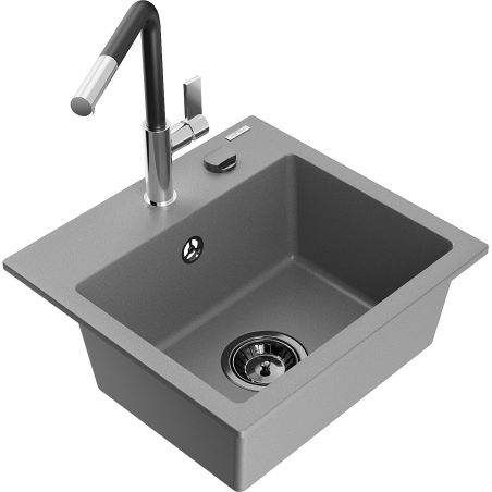 Mexen Milo évier en granit 1 bac avec robinet de cuisine Flora, gris - 6505-71-670401-07-B