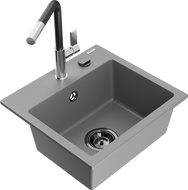 Mexen Milo évier en granit 1 bac avec robinet de cuisine Flora, gris - 6505-71-670401-07-B